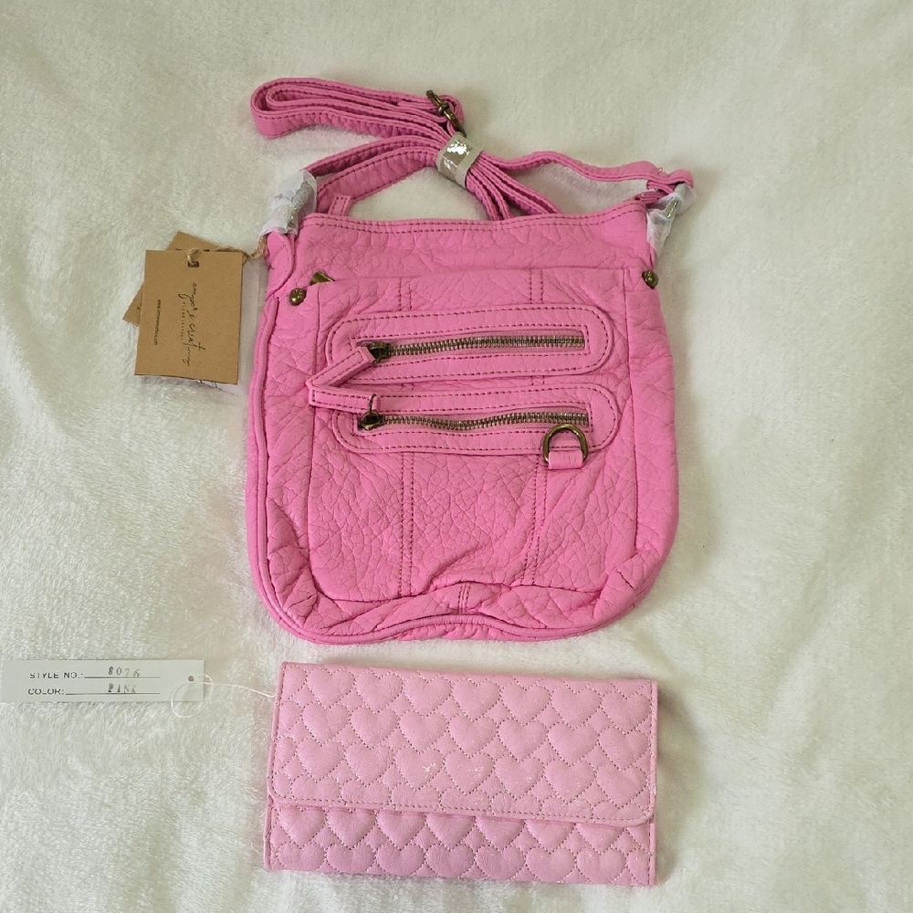 💕💓 Ampere Pink Vegan Leather Crossbody Bag With Matching Heart Wallet 💓💕